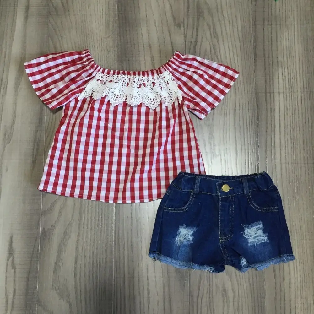 Одежда для маленьких девочек наряды в клетку джинсовые шорты Красный Клетчатый