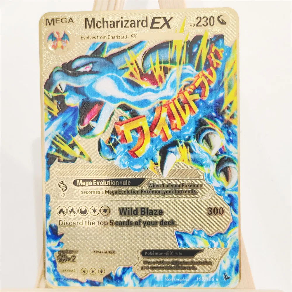 

Pokemon Flash Card Golden Metal Fire-breathing Dragon Gx Vmax V Ex Rare Metal Card Pikachu Game Collection Gift for Children