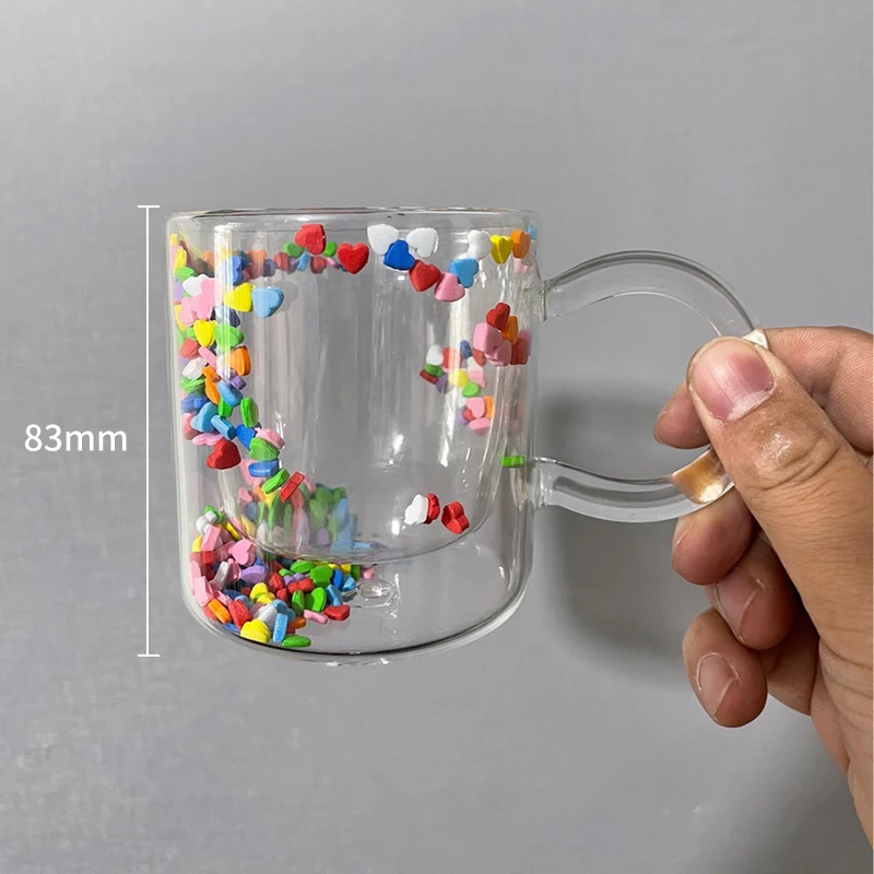 

Holaroom Multicolor Heart Shaped Quicksand Cup Creative Double Layer Glass Cup Coffee Mug Milk Tea Juice Water Glass Drinkware