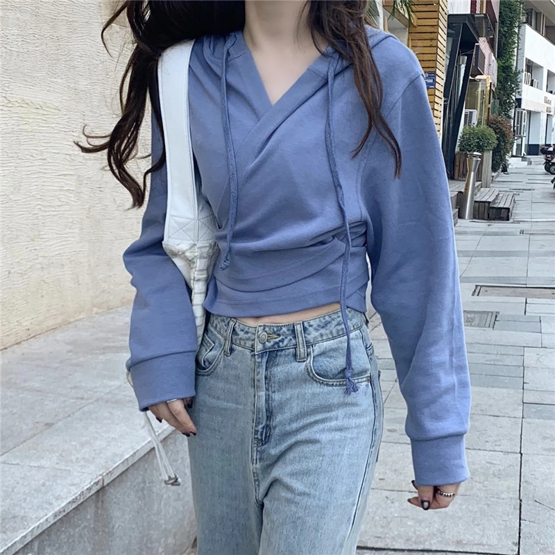 

Женский короткий свитшот, однотонный корейский пуловер на шнуровке, D057, Осень-зима 2020