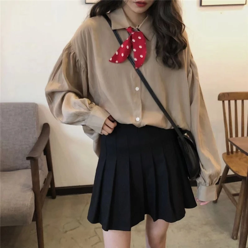 

puff sleeve turn-down collar full sweet white loose new Korean style Spring and autumn shirts Women's Clothing ladies tops Trend
