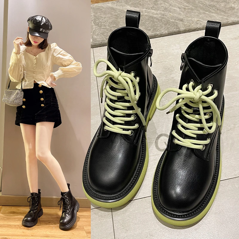 

Женские армейские ботинки HKYX, черные ботинки челси на платформе и квадратном каблуке, с круглым носком, на шнуровке, Осень-зима 2021