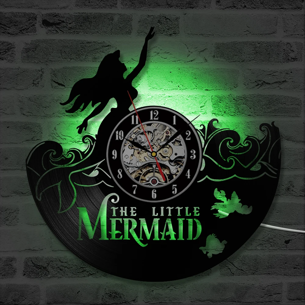 Виниловые настенные часы Русалочки Ариэль светящиеся домашние декоративные с
