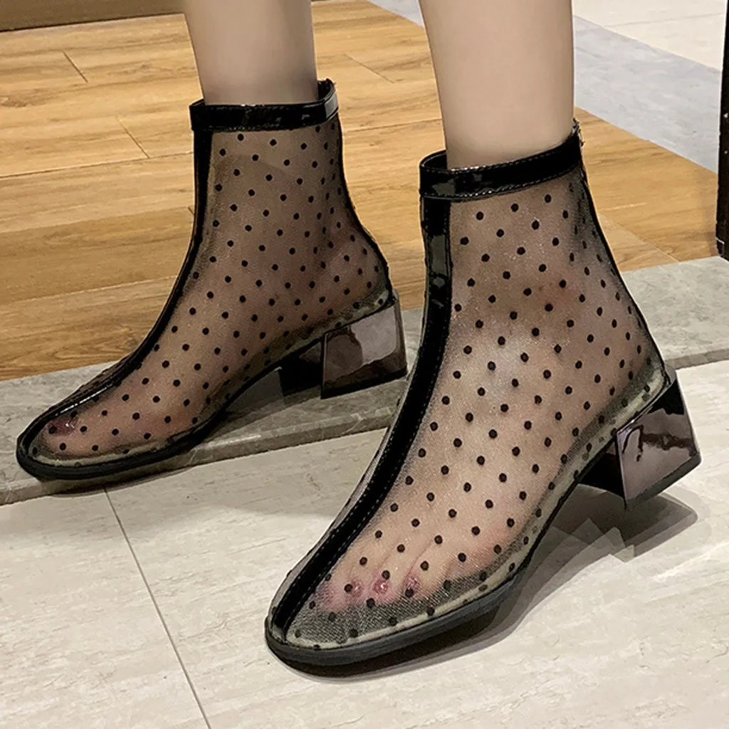 Женские ботильоны с круглым носком сетчатые Полусапоги на квадратном каблуке
