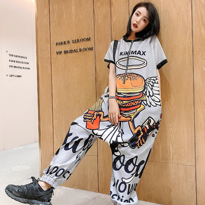 thailand tide brand hot drilling cartoon print thin denim jumpsuit summer short sleeve casual hip hip overalls jeans women free global shipping