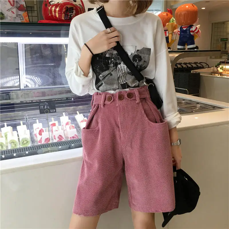 

Loose Midi High Waist Corduroy Women Shorts White Pink Casual Straight Short Femme Womens Shorts Harajuku Plus Size Shorts C5592