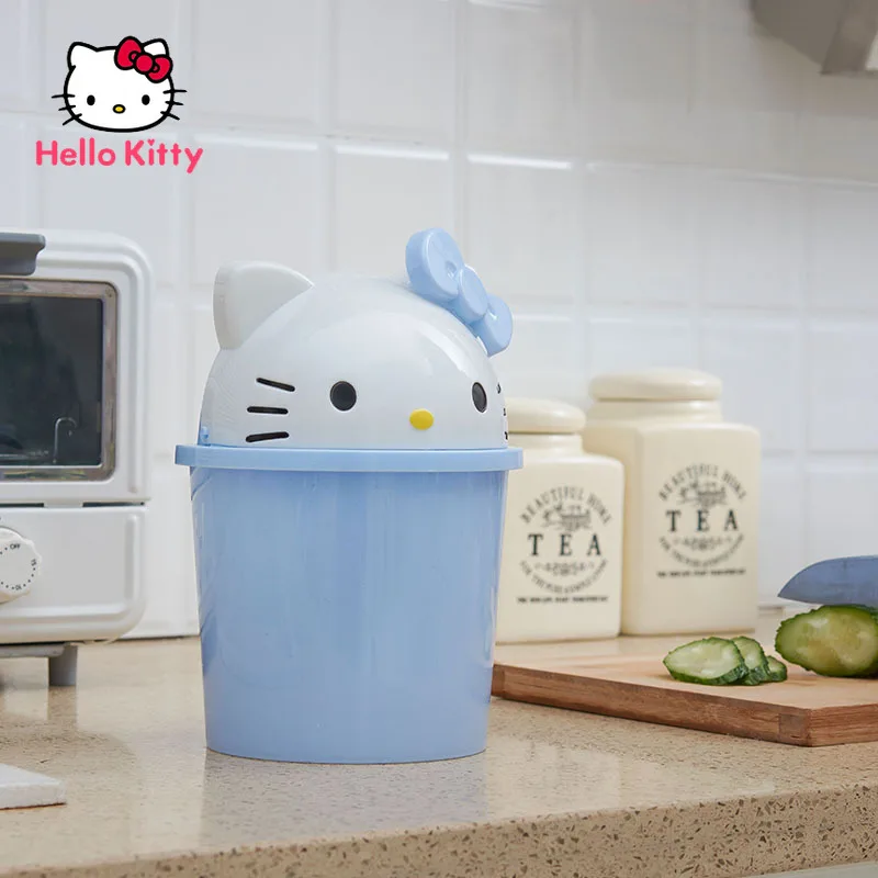 

Hello Kitty Desk Bedroom Plastic Paper Basket Trash Small Cute Cartoon Storage Box with Lid