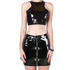 2 шт.компл. черная юбка из искусственной кожи осень Передняя Кнопка Регулируемая застежка-молния юбка-карандаш с сексуальные топы на бретельках в готическом стиле, уличная одежда