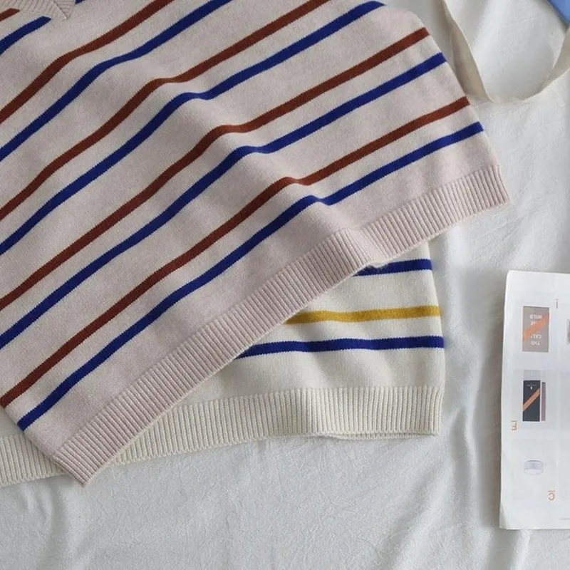 

Striped Knitted Sweater Vest Women Preppy-style Students V-neck Korean Loose All-match Simple Leisure Street-wear Vintage Daily