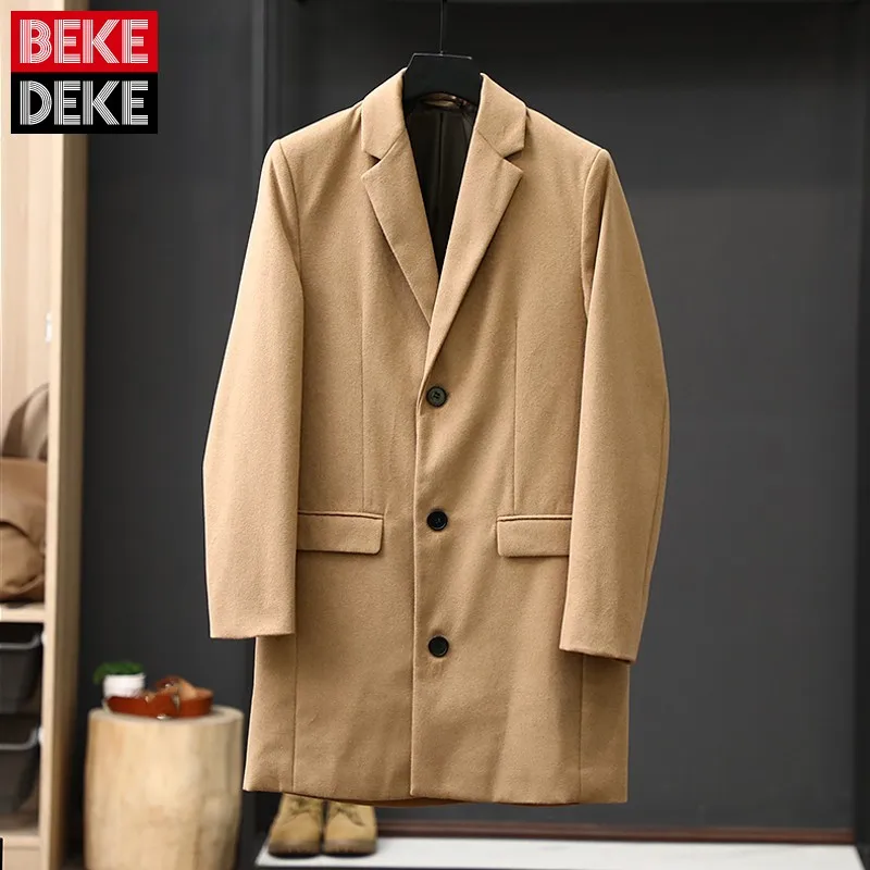 

Autumn Winter Mens New Long Slim Solid Woolen Coat Male Turn-Down Collar Single Breasted Pockets Business Casual Outerwear