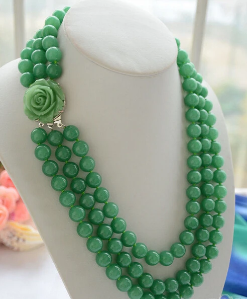

Hot sale Free Shipping 3row 17-19" 10mm round green natural stone bead necklace