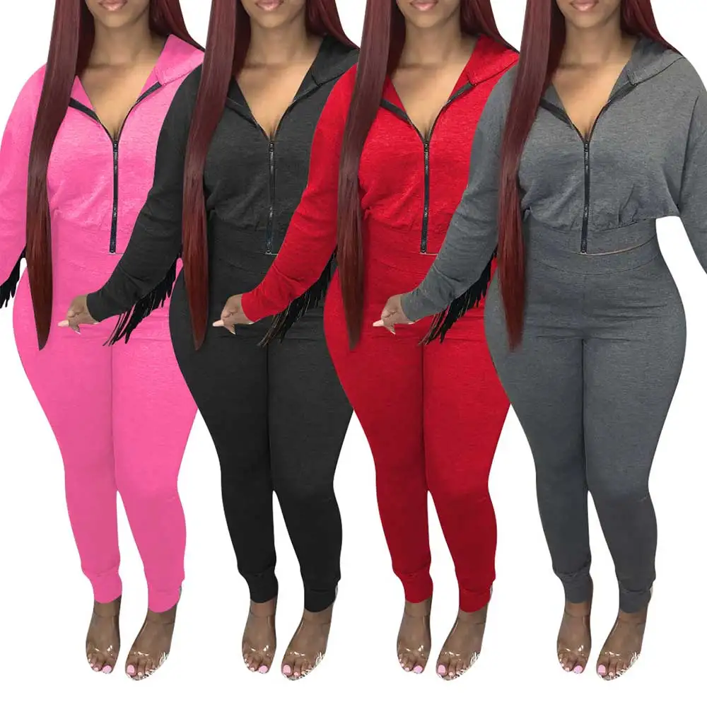 

Spring 2 Piece Outfits For Women 2021Casual Tracksuit Sportswear Set Back Tassel Zipper Hooded Crop Top Pants Two-piece Suit New
