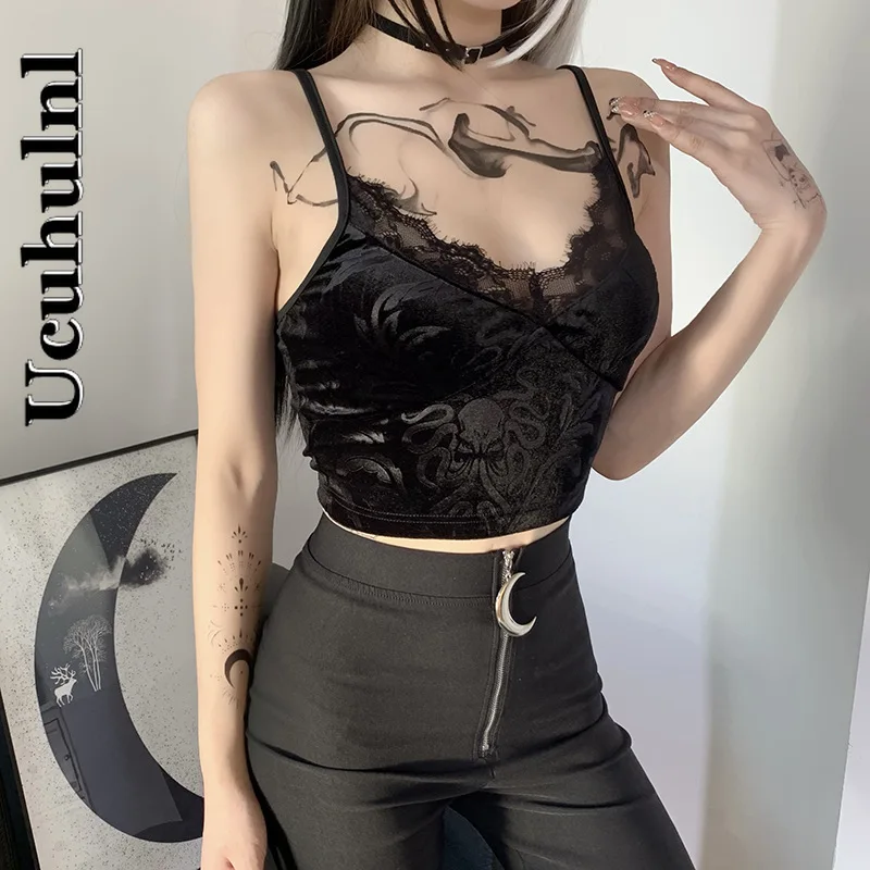 Ucuhulnl Mall Goth Lace Trim Black Camis Vintage Aesthetic Basic Camisole Women Sexy Spaghetti Straps Backless Corset Top