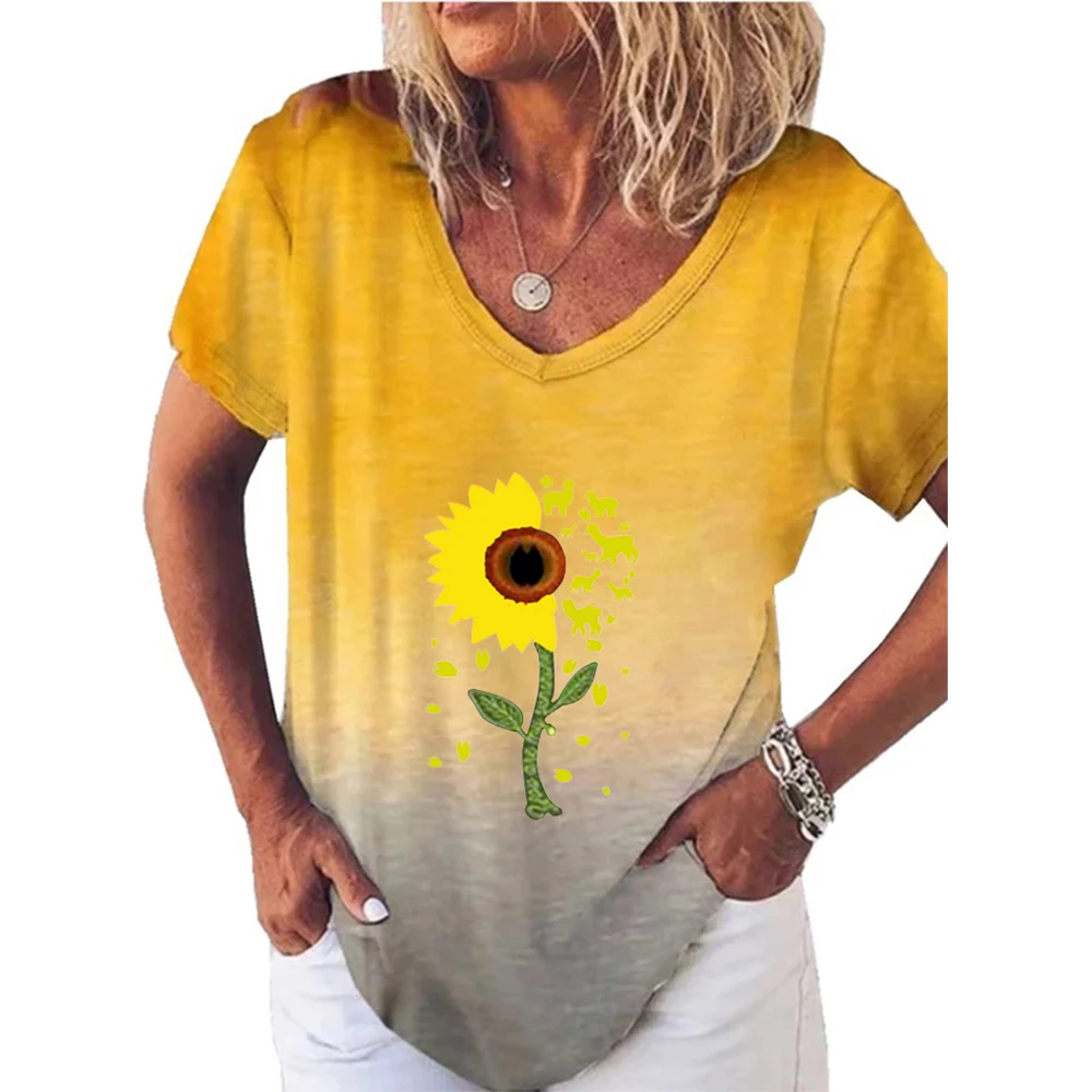 

VICABO Loose Casual T-shirt Fashion Floral Printed Tops Summer Short Sleeve V-Neck Female Vogue Tops Plus Size