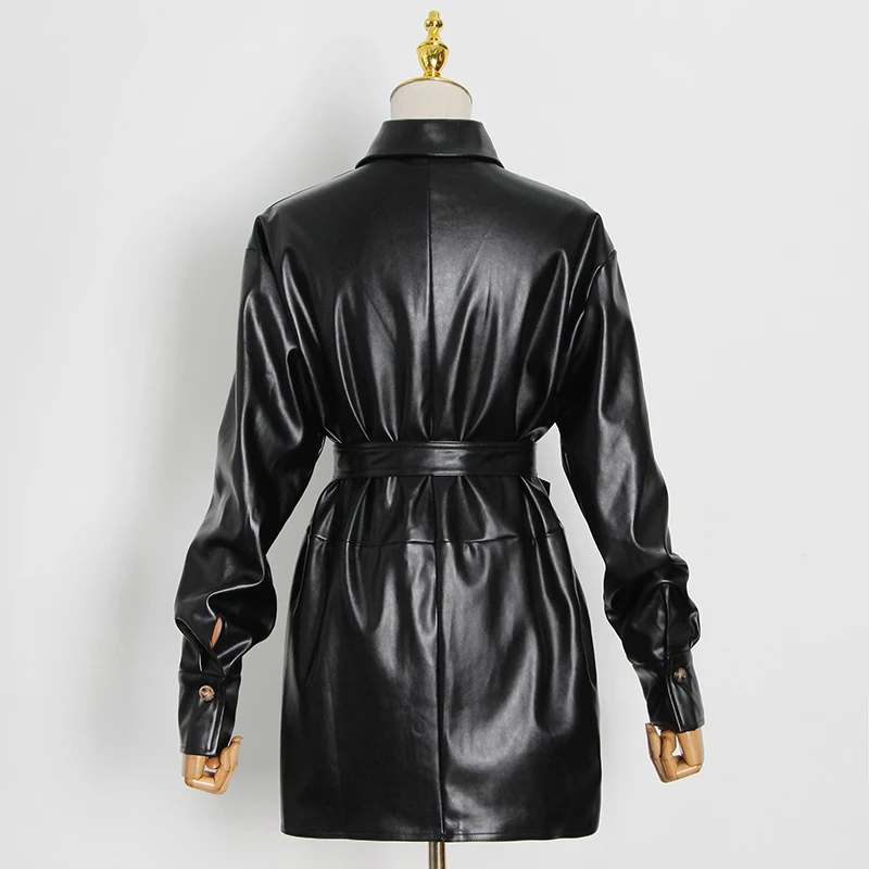 

VGH Casual PU Leather Sets For Women Lapel Long Sleeve Lace Up Jacket High Waist Wide Leg Pants Solid Two Piece Set Female Fall