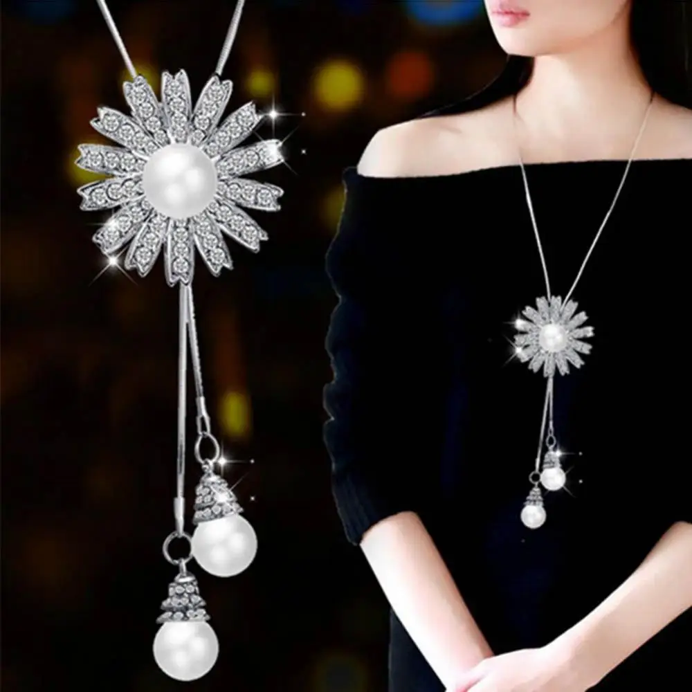 

Women Rhinestone Imitation Pearl Sunflower Pendant Long Chain Necklace Jewelry