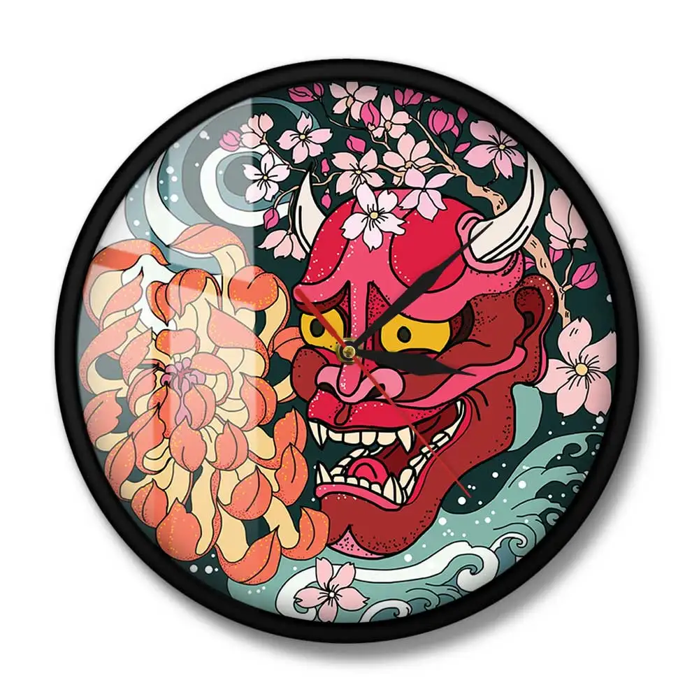 Готический красный Oni маска демона настенные часы японский сакура цветы пионы на