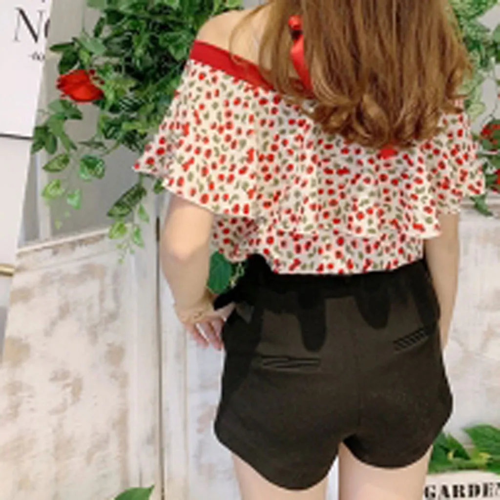 

Fashion Floral Chiffon Blouse Shirt Ruffles Bandage Casual Summer Ladies Sexy Halter Tops Female Women Short Sleeve Shirt Blusas