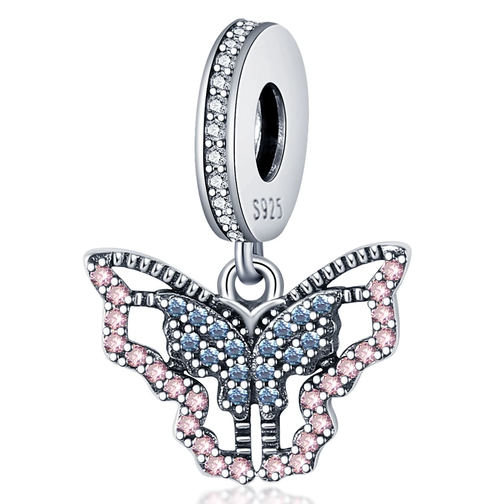 

New 925 Sterling Silver Fine Pink Blue Zircon Butterfly Beads Fit Original Bracelet Charms Pendant Necklace DIY Jewelry