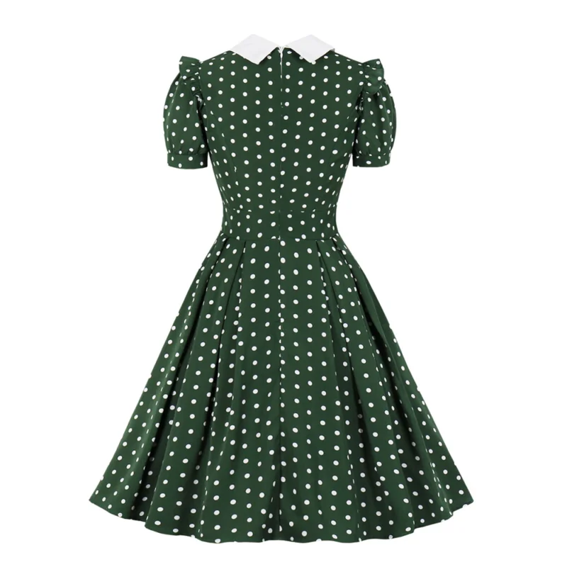 

Women Spot Print Short Sleeve Midi Dress Lace Up Retro Holiday Party Sundress