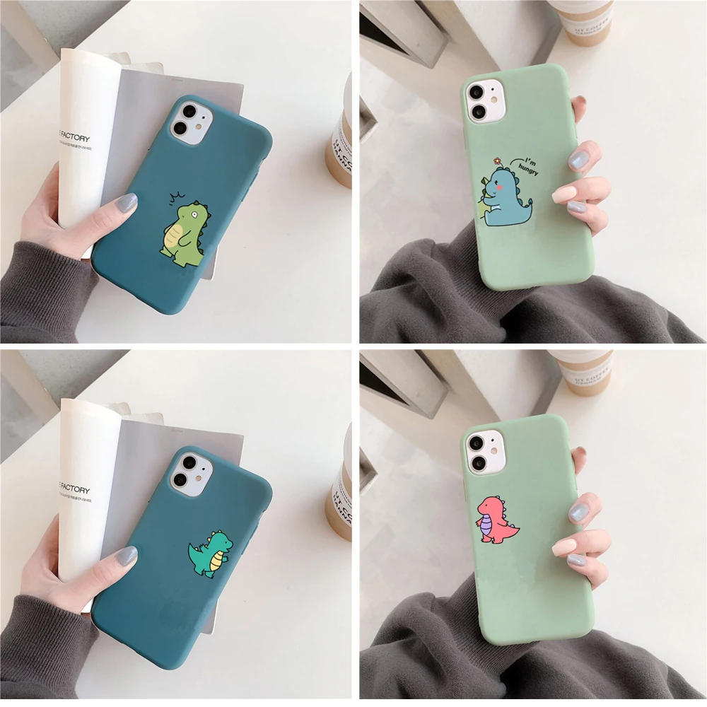 

Lovers Phone Case For iPhone 12 11 Pro Max XR XS SE20 7 8 Plus 6S Funny Cute Dinosaur Matte Soft Candy Silicone Back Cover Capa