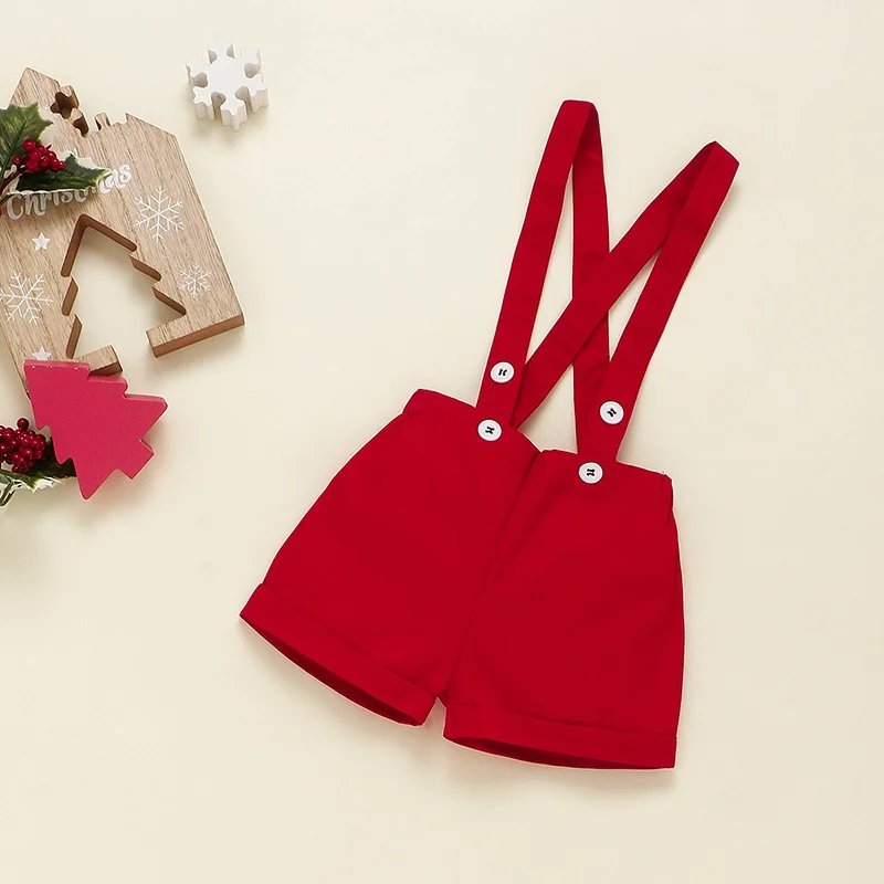 

Baby Boy Christmas Two Pieces Sets Bow Tie Gentleman Printed Bodysuit Suspender Shorts