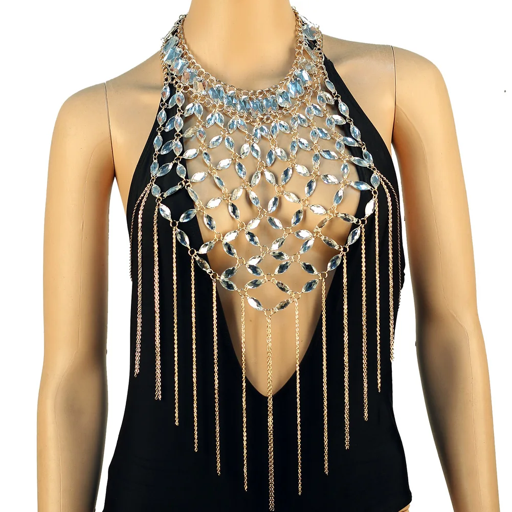 Женский металлический бюстгальтер украшенный бусинами на цепочке