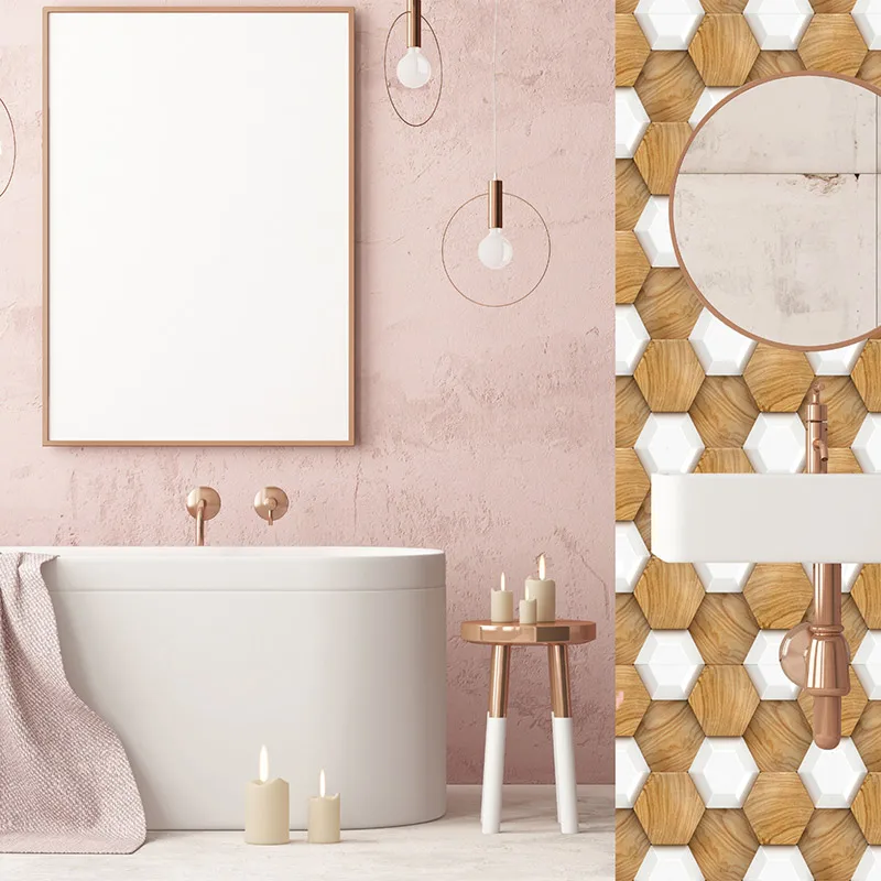 Самоклеящаяся настенная бумага водостойкая Шестигранная форма узор под дерево