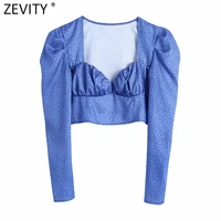 zevity 2021 women fashion pleats puff sleeve polka dots print short blouse lady casual slim shirt chic blusas crop tops ls9683