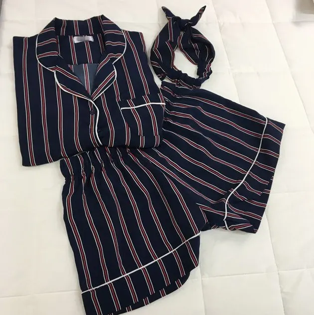 

Summer 2020 New Fashion Women Pajamas Turn-down Collar Sleepwear 2 Two Piece Set Shirt+Shorts Striped Casual Pajama Set