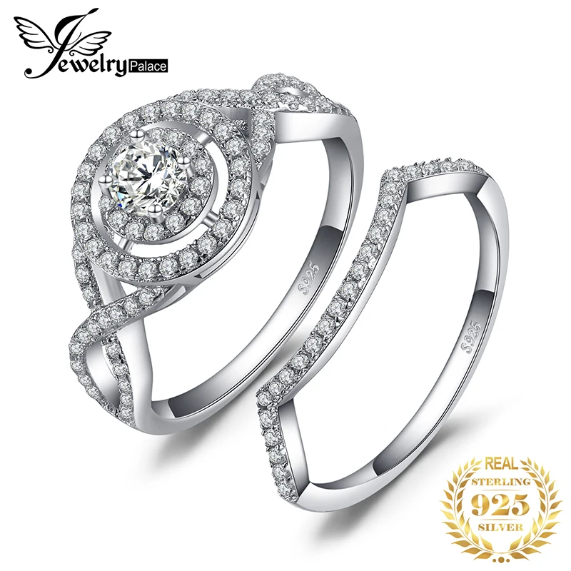 JewelryPalace бесконечность любви 4 зубец круглый с кубического циркония Stackable Halo Обручение кольцо устанавливает 925 пробы серебра подарок Для женщин