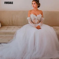fivsole new design off the shoulder illusion ball gown wedding dress half sleeves with appliques 3d flowers tulle bridal gowns