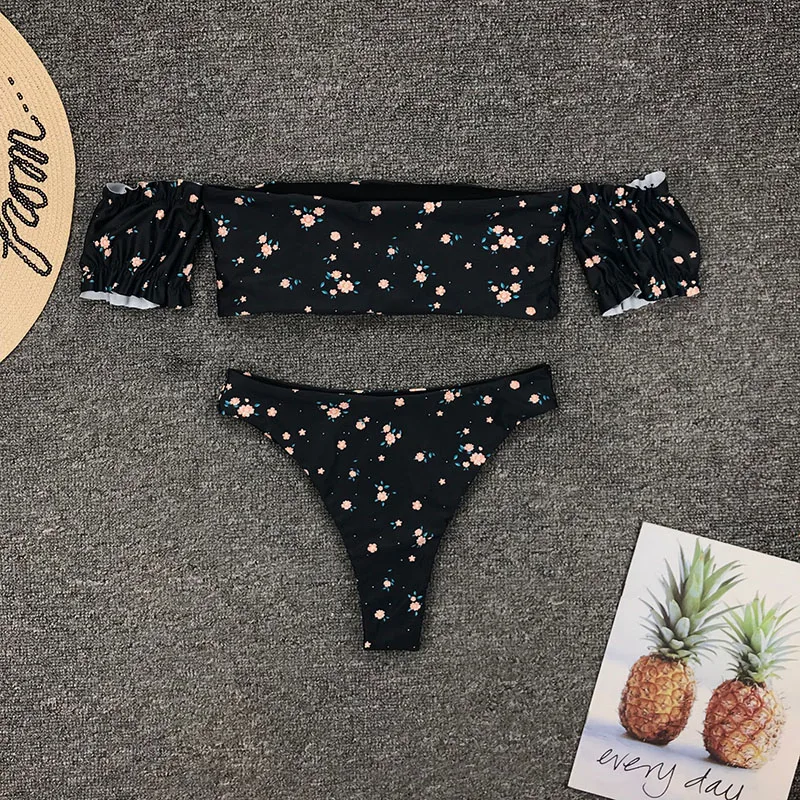 Sanderala Woman Cute Mini Bikini Set Print Flower Swimsuit Lady Sexy Sleeves Plus Size Female Padded Summer Beachwear