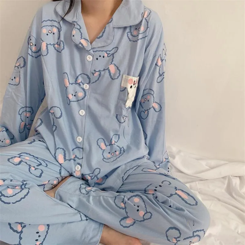 

Модная женская пижама Kawaii с принтом кота, Корейская домашняя одежда в стиле INS, милый кролик, искусственные топы, комплект из 2 предметов, пиж...