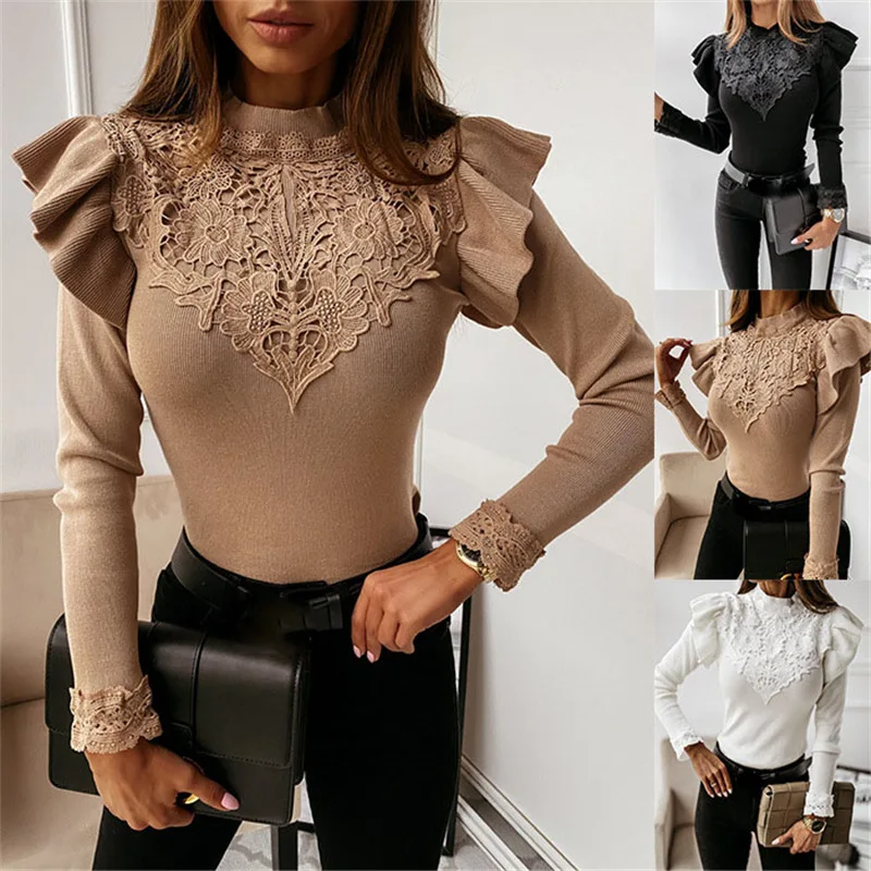 

Autumn and Winter Long-sleeved Round Neck Lace Decorative Solid Color Bottoming Shirt for Women