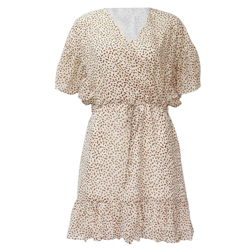 

Women Boho Printed Chiffon High Waist Dress Summer V Neck Ruffled Sexy Beach Dresses A Line Short Sleeve Holiday Casual Dress