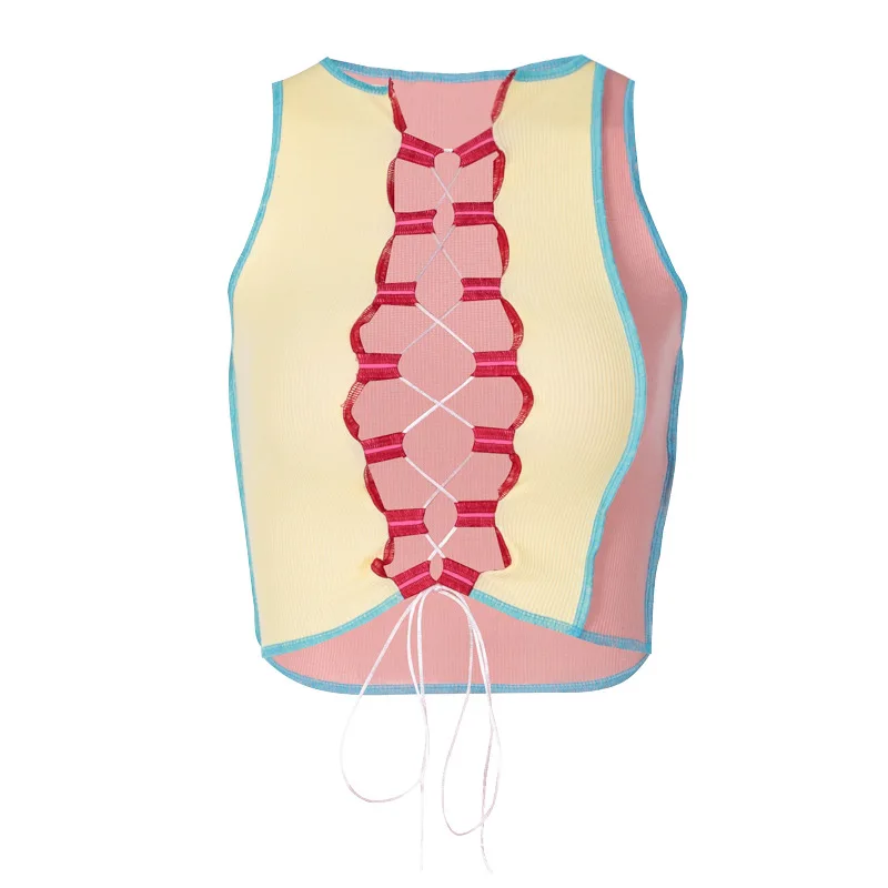 

2021 New autumn Cross Lace Patchwork Cutout Ladies Rib Knit Crop Top Fashionable Slim-fitting Vest Camisole Ladies T-shirt