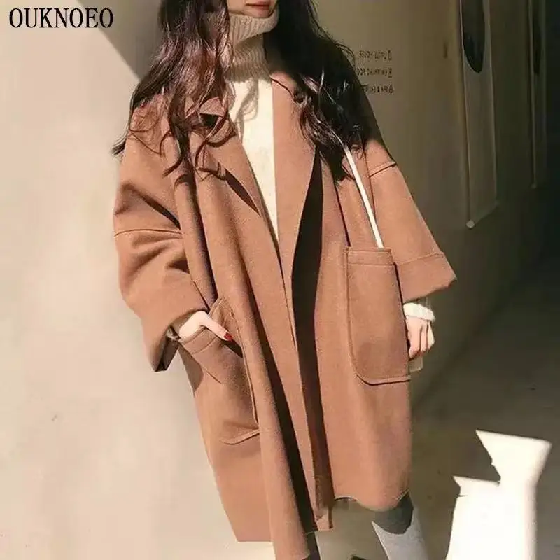 

Woman Long Coat Korean Preppy Style Long Loose Oversized Coat Solid Color Lapel Show Thin Black 2021 Autumn Women Thin Coat