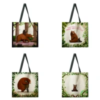 womens beach bag foldable shoulder bag shopping bag cartoon forest bear print tote bag linen casual tote bag reusable