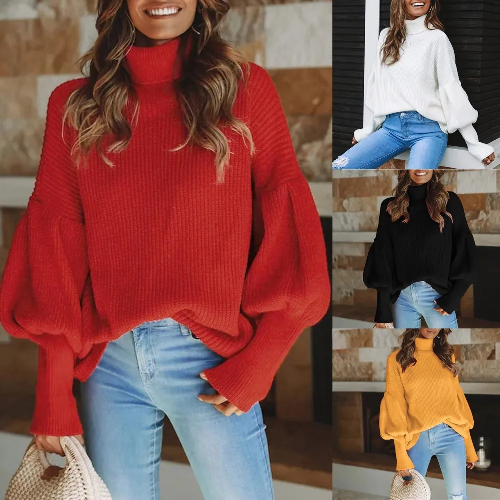 

Women Fashion Turtleneck Puff Sleeve Sweater Knitted Solid Long Sleeve Cardigan Tops Loose Sweater Jumper 2021 Autumn Winter New