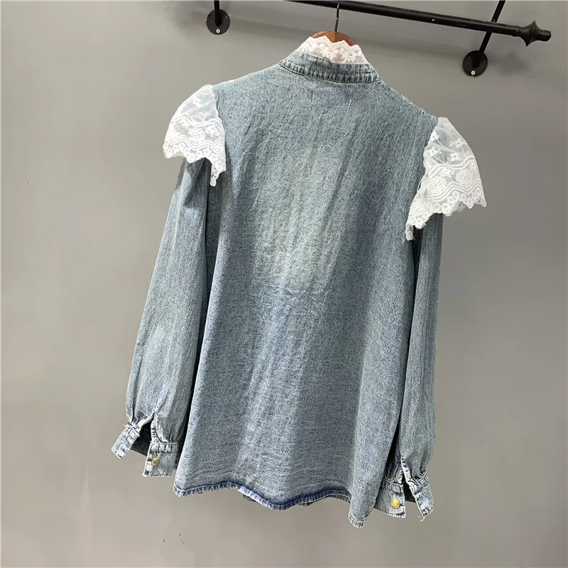 Плиссированная Европейская кружевная джинсовая рубашка для женщин 2020 весна