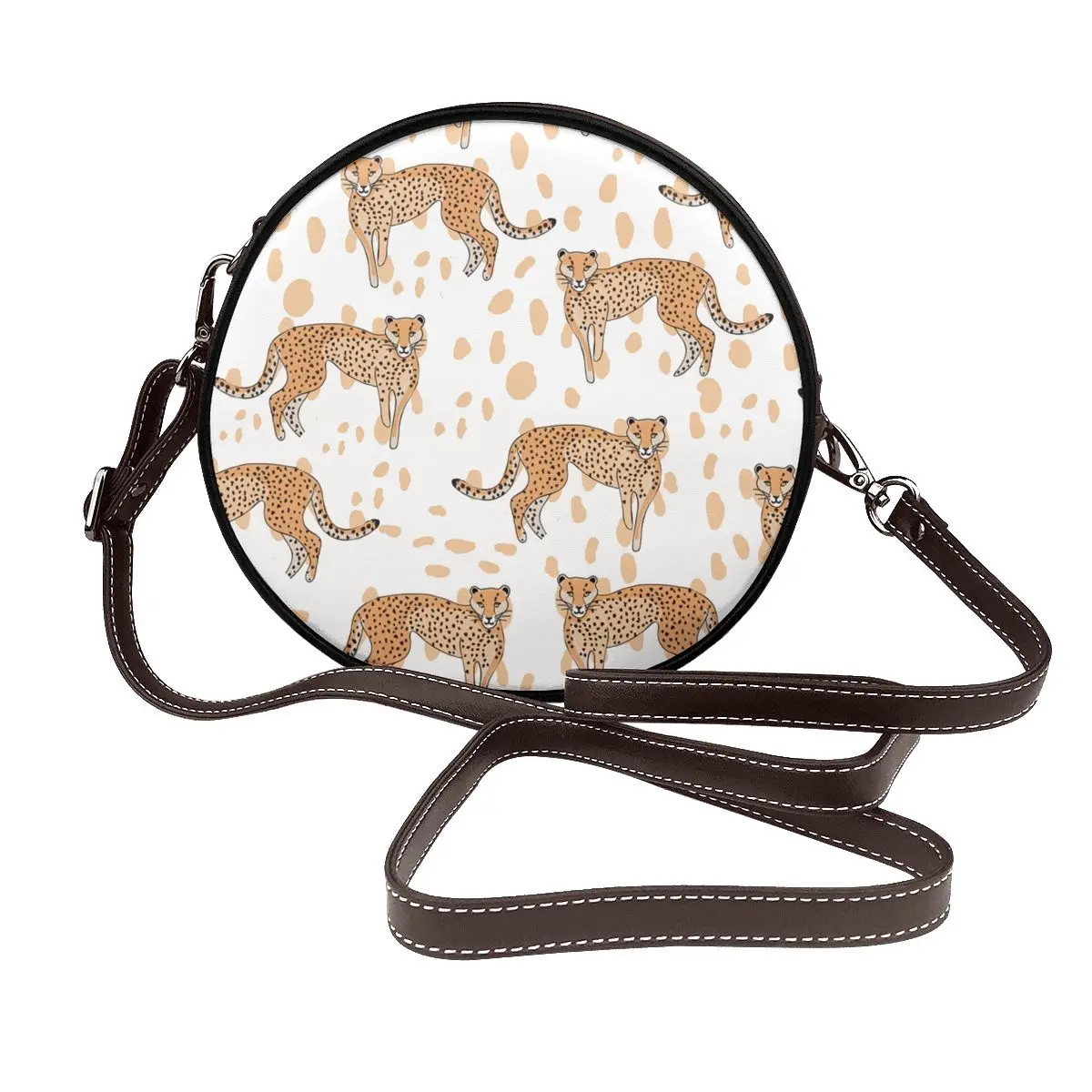 

Cheetah Pattern Leopard Shoulder Bag Wild Animals Outdoor Female Round Bag Bulk Stylish Leather Purse