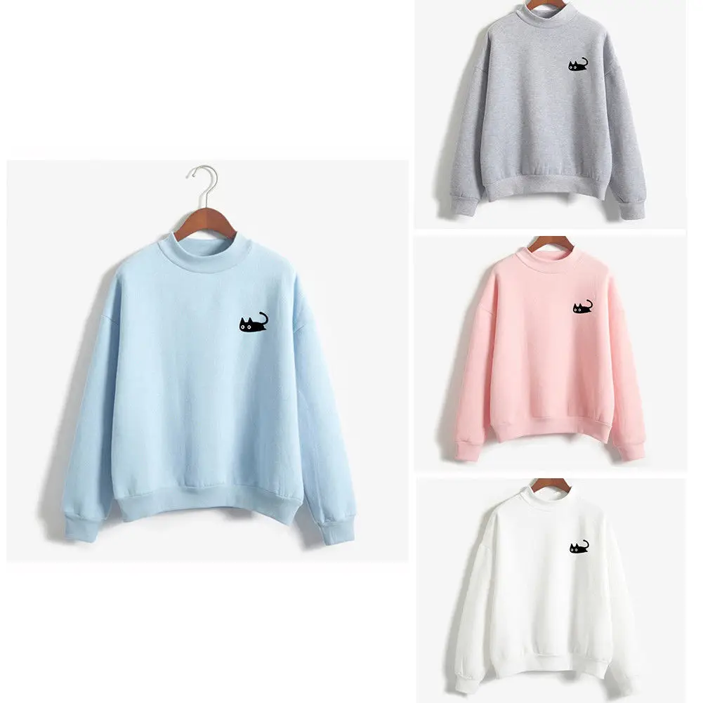 Embroidery Cat Printing Hoodies Sweatshirts harajuku Crew neck Sweats Women Clothing Feminina Loose Fleece Jumper Sweats Warm