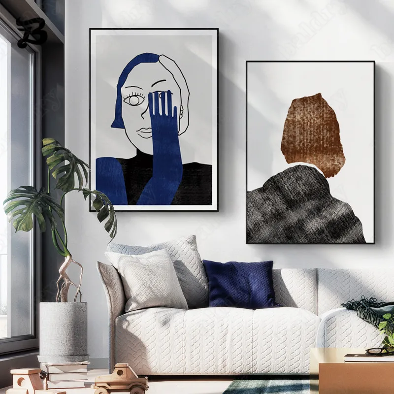 

Canvas Painting for Living Room Nordic Style Blue Abstract Hand Drawn Human Body Face Wall Art Posters and Print Wall Decoration
