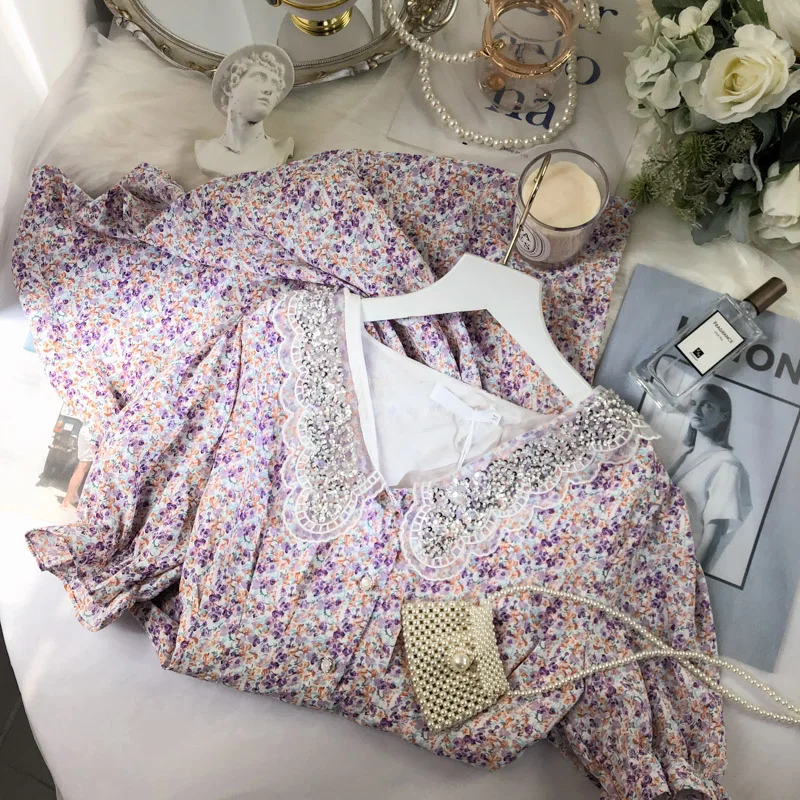 

2021 Summer French Style Elegant Retro Chiffon Floral Women Mini Dress New Beaded V-neck A- Line Fashion Ladies Short Dress