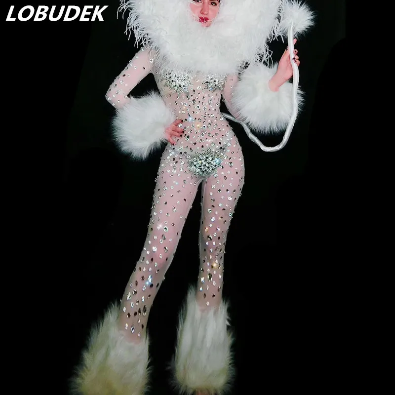 Женский прозрачный комбинезон серебристый сетчатый с большими кристаллами и