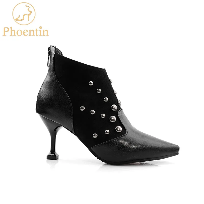 

Женские ботильоны Phoentin в стиле панк на тонком высоком каблуке, с заклепками и заостренным носком, Лоскутные ботинки из искусственной кожи на молнии, FT773, 2019