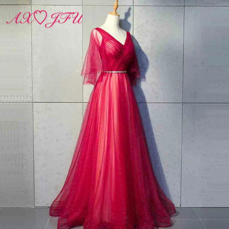 

AXJFU luxury princess navy blue lace ruffles silvery bride evening dress vintage v neck beading crystal wine red evening dress