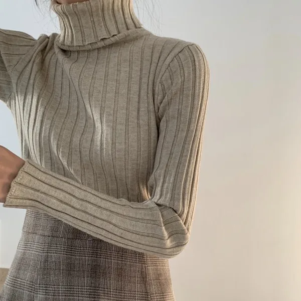 Водолазка розовый свитер женский 2019 тонкий в полоску толстый теплый корейский