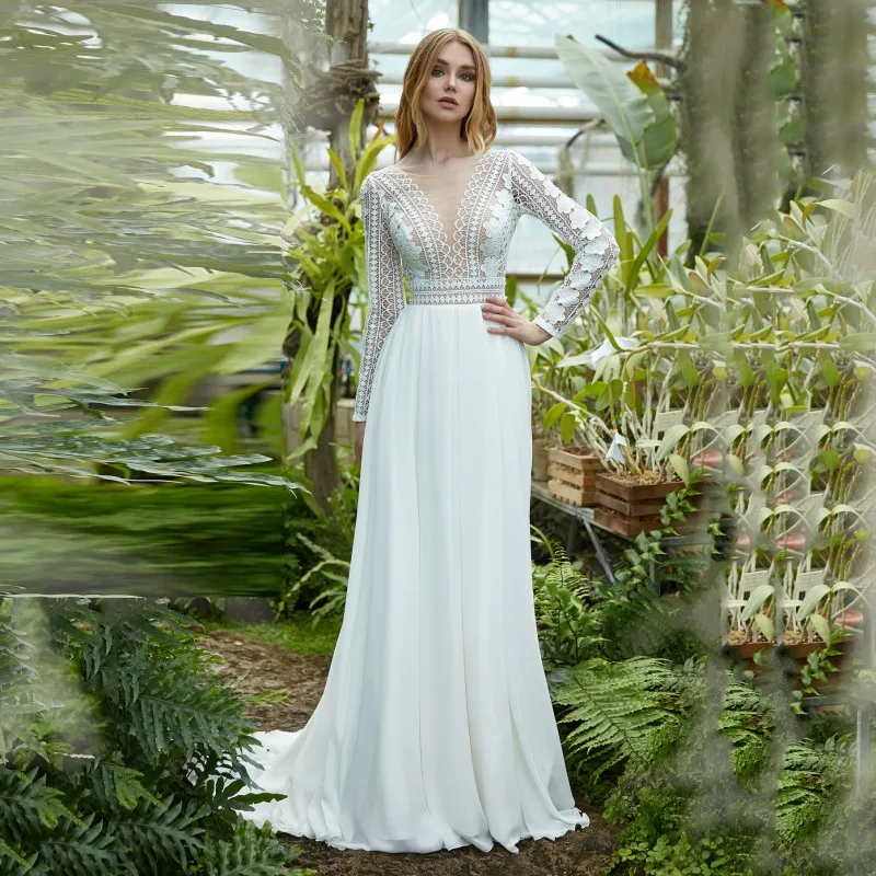 

Женское свадебное платье в стиле бохо Thinyfull, кружевное ТРАПЕЦИЕВИДНОЕ ПЛАТЬЕ до пола с длинными рукавами и круглым вырезом, с аппликацией